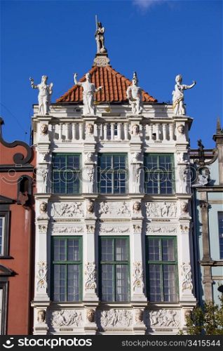 Ornamental facade of the Golden House (Polish: Zlota Kamienica) in the Old Town of Gdansk (Danzig), Poland