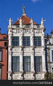 Ornamental facade of the Golden House (Polish: Zlota Kamienica) in the Old Town of Gdansk (Danzig), Poland