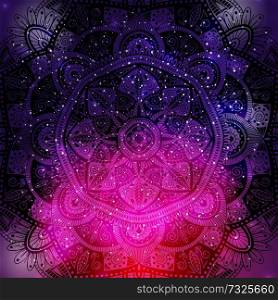 Ornamental floral ethnic mandala on purple galaxy background, vector illustration