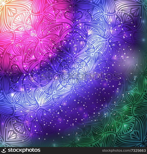 Ornamental floral ethnic mandala on purple galaxy background, vector illustration
