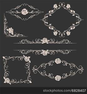 Ornamental floral frames set. Ornamental floral ornaments and vector rose ornamental frames for flourish wedding invitations with roses decor