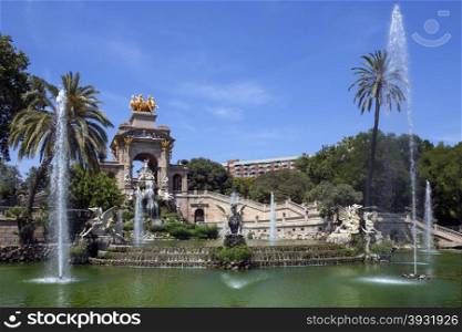 Ornamental fountains in the Parc de la Ciutadella in the Old Town district of Barcelona in the Catalonia region of Spain.