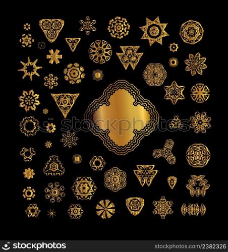 Ornamental lace pattern for wedding invitations and greeting cards. Vintage gold round pattern set. Vintage gold background. Ornamental gold circle frame. Gold round pattern