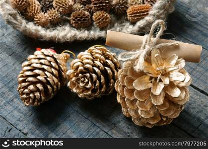 Ornamental object for Xmas holiday, group of christmas pine cone, beauty red heart, group of handmade basket, message, wooden background