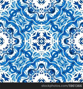 Ornamental watercolor paint. Azulejo Portuguese design tile blue and white seamless pattern. Vintage damask seamless ornamental watercolor arabesque paint tile design pattern for fabric