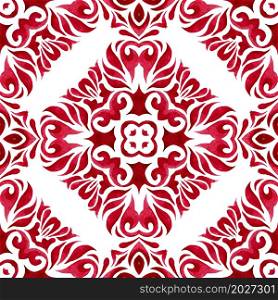 Ornamental watercolor paint. Christmas decor design tile seamless pattern. Red background ornamental Hand drawn watercolor art.