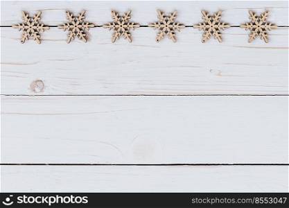Ornaments christmas decoration wooden on wooden white  with space. Christmas background.