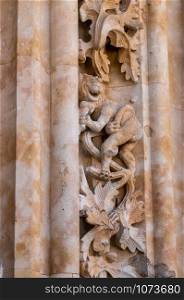 Ornate carvings including a lion with ice cream cone in the facade and entrance to the new Cathedral in Salamanca. Humorous carving of lion with ice cream at the entrance to the new Cathedral in Salamanca