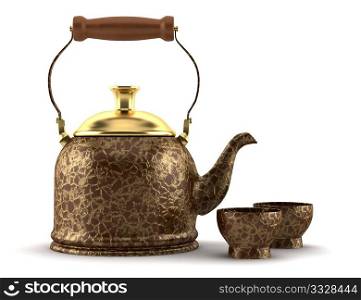 ornate chinese teapot and cups isolated on white