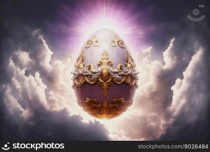 Ornate Easter egg with light rays from behind fly in clouds. Religion concept. Generative AI.. Ornate Easter egg with light rays from behind fly in clouds. Religion concept. Generative AI