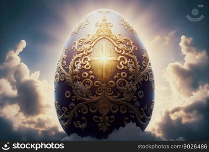 Ornate Easter egg with light rays from behind fly in clouds. Religion concept. Generative AI.. Ornate Easter egg with light rays from behind fly in clouds. Religion concept. Generative AI
