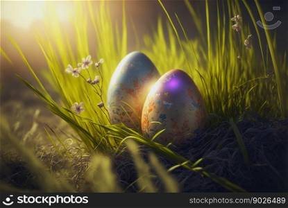 Ornate Easter eggs on a grass lawn on a sunny day. Generative AI.. Ornate Easter eggs on a grass lawn on a sunny day. Generative AI