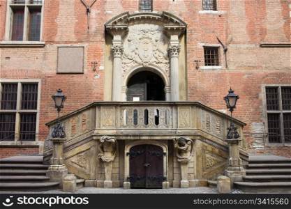 Ornate entrance to the Town Hall (Polish: Ratusz Glownego Miasta) in the Old Town of Gdansk in Poland