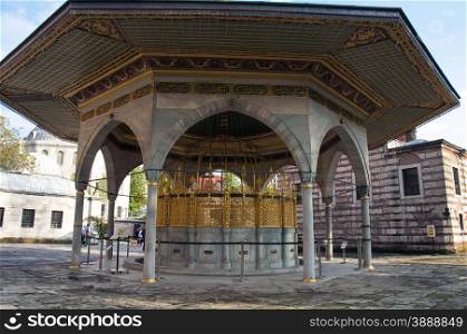 Ornate fountain for ritual ablution before entering the Hagia Sophia in Istanbul, Turkey