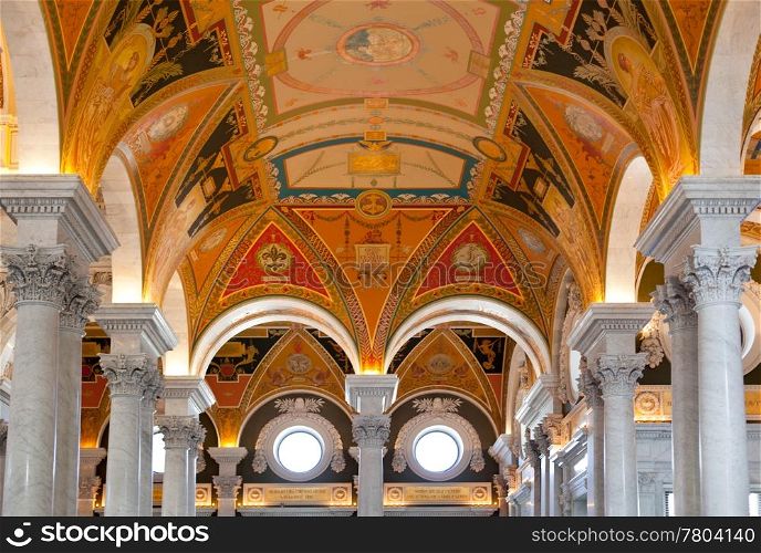 Ornate painted ceiling of Library of Congress in Washington DC