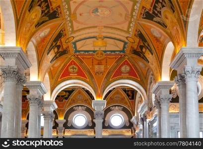 Ornate painted ceiling of Library of Congress in Washington DC