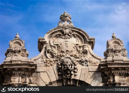 Ornate top part of the Habsburg Gate in Budapest, Hungary.