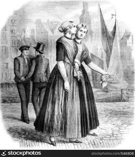 Orphans in Amsterdam, vintage engraved illustration. Magasin Pittoresque 1861.