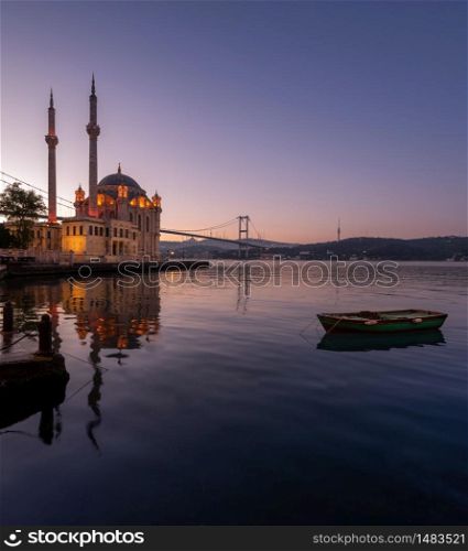 Ortakoy Istanbul panoramic landscape beautiful sunrise Ortakoy Mosque and Bosphorus Bridge, Istanbul Turkey. Best touristic destination of Istanbul. Romantic view of Istanbul city.
