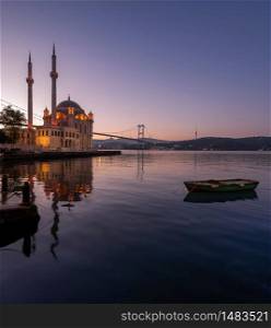Ortakoy Istanbul panoramic landscape beautiful sunrise Ortakoy Mosque and Bosphorus Bridge, Istanbul Turkey. Best touristic destination of Istanbul. Romantic view of Istanbul city.