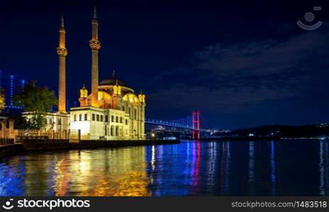 Ortakoy Istanbul panoramic landscape beautiful sunset Ortakoy Mosque and Bosphorus Bridge, Istanbul Turkey. Best touristic destination of Istanbul. Romantic view of Istanbul city.