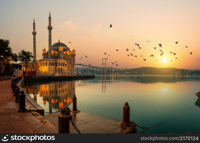 Ortakoy Mosque and Bosphorus bridge in Istanbul at sunrise, Turkey