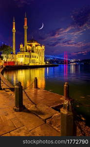 Ortakoy Mosque and Bosphorus bridge in Istanbul at sunrise, Turkey. Ortakoy Mosque and Bosphorus