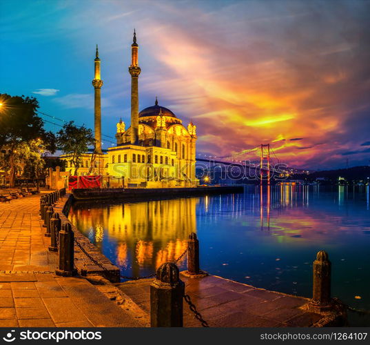 Ortakoy Mosque and Bosporus Bridge in Istanbul at night, Turkey. Ortakoy Mosque at night