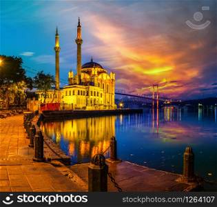 Ortakoy Mosque and Bosporus Bridge in Istanbul at night, Turkey. Ortakoy Mosque at night
