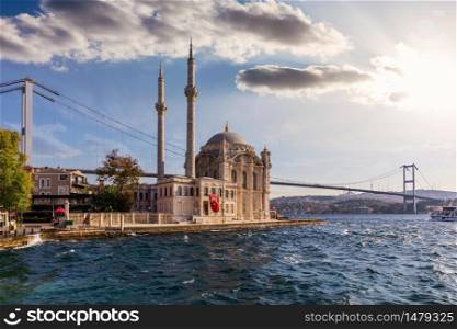 Ortakoy Mosque and the Bosphorus Bridge, sights of Istanbul, Turkey.