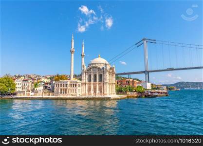 Ortakoy Mosque and view on the Bosphorus bridge in Istanbul.