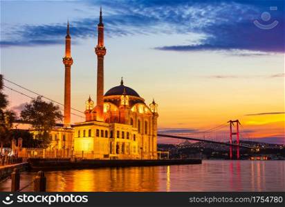 Ortakoy Mosque at sunrise near the Bosphorus bridge, Istanbul, Turkey.