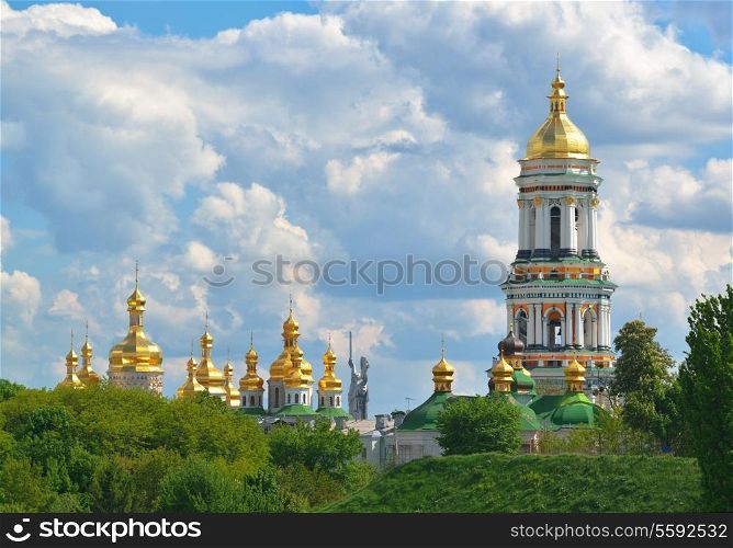 Orthodox Christian monastery - Kiev Pechersk Lavra in Kiev on green hills of Pechersk. &#xA;Kiev Monastery of the Caves in the capital of Ukraine - Kyiv.