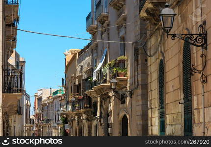 Ortigia island at city of Syracuse street view, Sicily, Italy. Beautiful travel photo of Sicily.