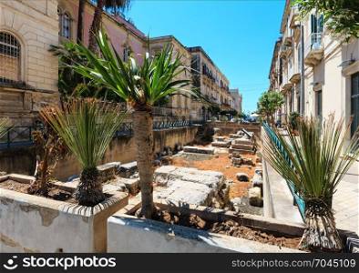 Ortigia island street with excavation at city of Syracuse, Sicily, Italy. Beautiful travel photo of Sicily.
