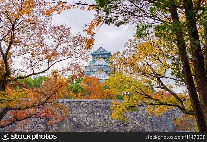 Osaka Castle building with colorful maple leaves or fall foliage in autumn season. Colorful trees, Kyoto City, Kansai, Japan. Architecture landscape background. Famous tourist attraction.