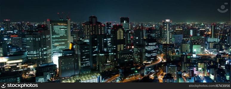 Osaka Skyline at night. Panorama skyline of Osaka City in Japan at night with lots of lights