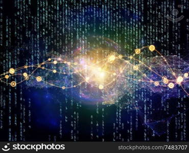 Oscillating sine waves, numbers, lights and network nodes backdrop on the subject of networking and information technology