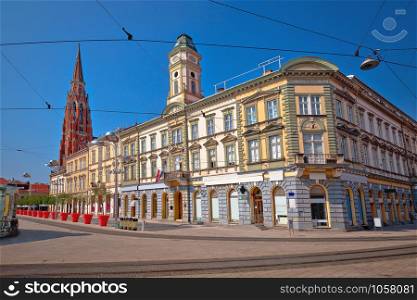 Osijek main square and cathedral street view, Slavonija region of Croatia