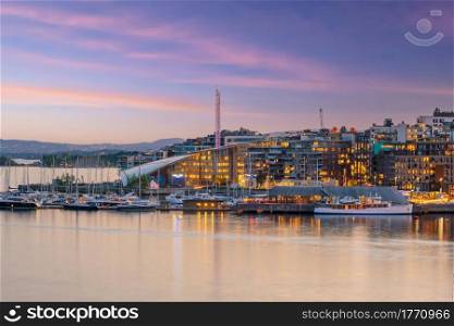 Oslo downtown city skyline cityscape in Norway at sunset