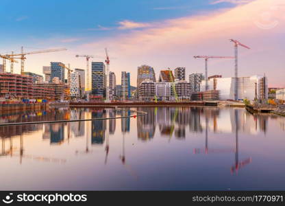 Oslo downtown city skyline cityscape in Norway at sunset