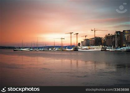 Oslo harbor in the beautifull sunrise. Norway