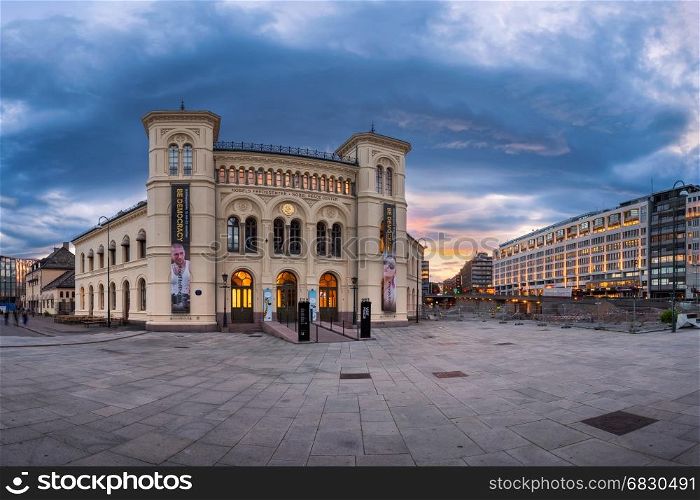 OSLO, NORWAY - JUNE 12, 2014: Panorama of Nobel Peace Center in Oslo. The Nobel Peace Center was opened in 2005 by His Majesty King Harald V of Norway.