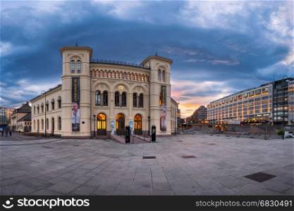 OSLO, NORWAY - JUNE 12, 2014: Panorama of Nobel Peace Center in Oslo. The Nobel Peace Center was opened in 2005 by His Majesty King Harald V of Norway.