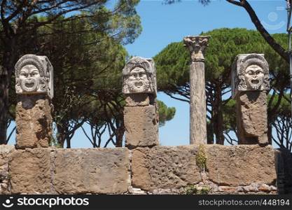 Ostia Antica ancient stone statue heads. Rome - Italy