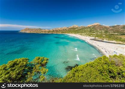 Ostriconi beach with the Desert des Agriates behind in the Balagne region of northern Corsica