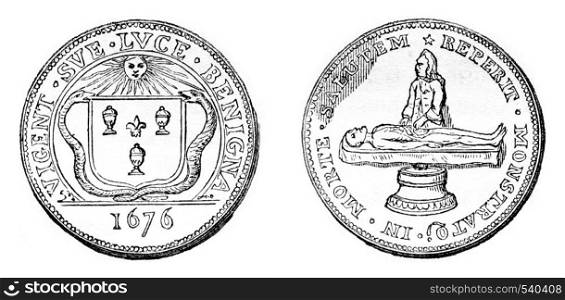 Other master surgeon token, At right, the weapons of the Faculty of surgery, vintage engraved illustration. Magasin Pittoresque 1857.
