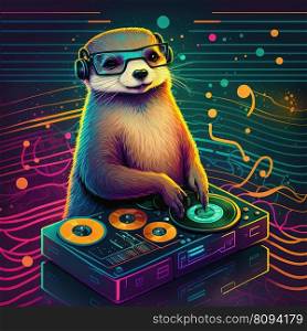 Otter dj, disc jockey in glasses playing music on turntable on stage deejay audio equipment. Generative AI. Not based on any actual scene. Otter dj on party Generative AI. Not based on any actual scene