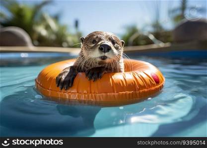 Otter Floating in the Pool with Lifebuoy Enjoying Holiday on a Sunny Day