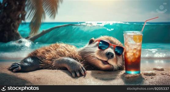 otter is on summer vacation at seaside resort and relaxing on summer beach